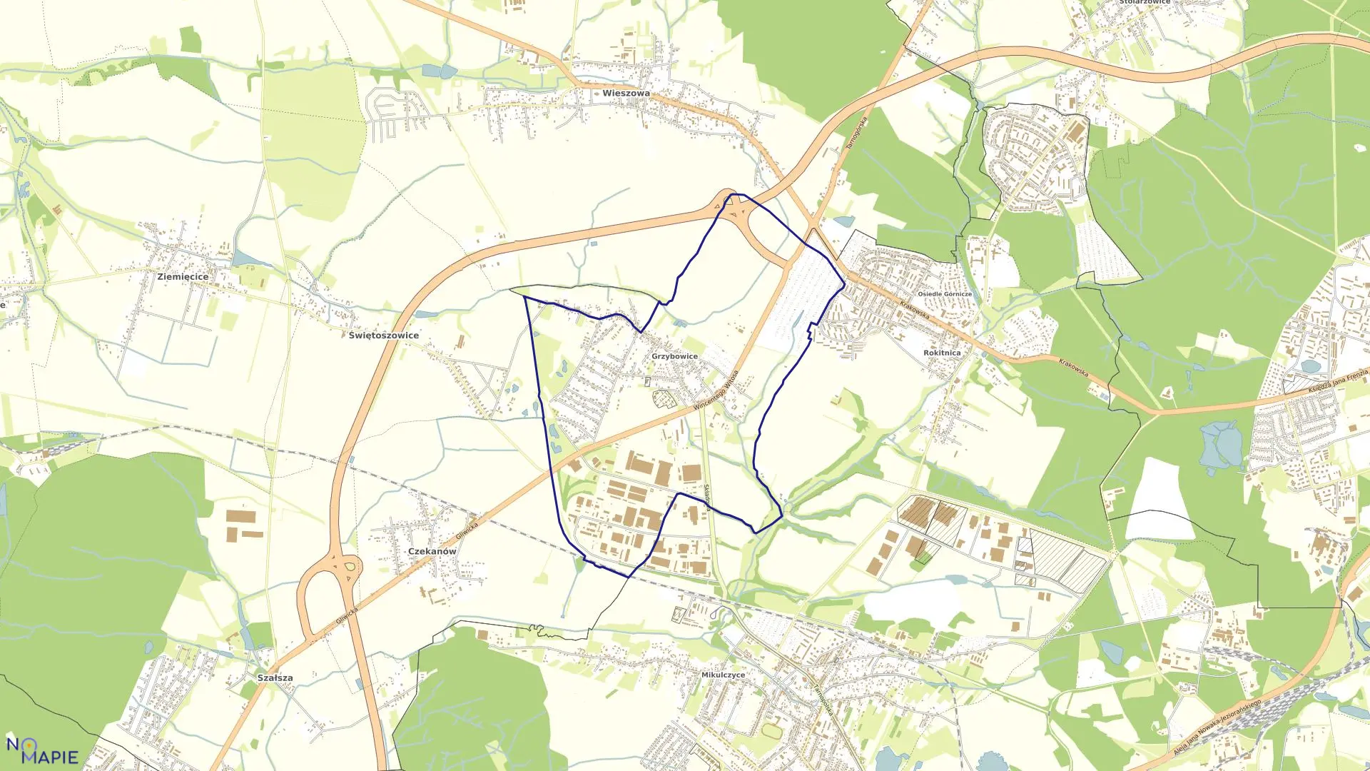 Mapa obrębu Grzybowice w mieście Zabrze
