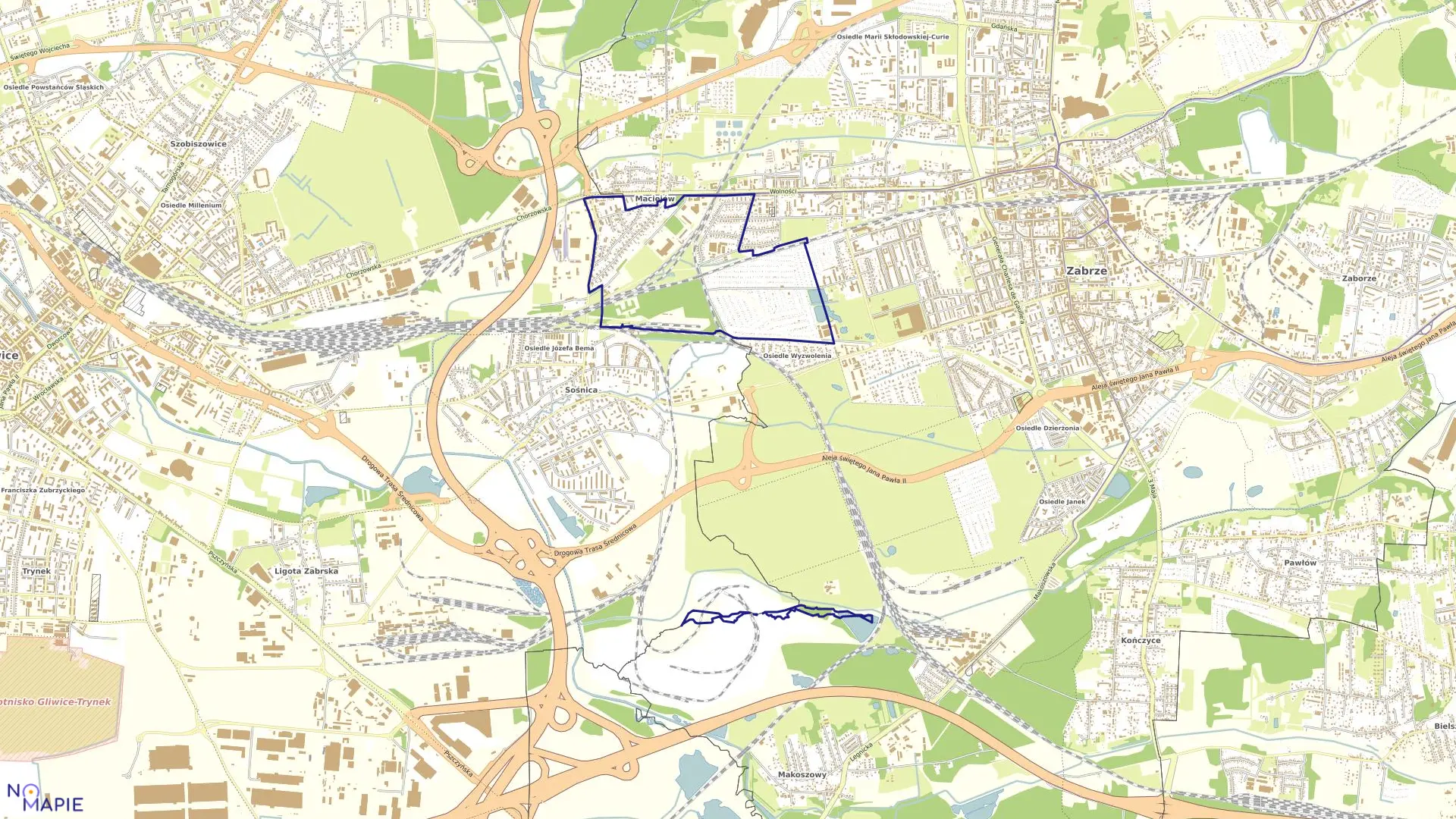 Mapa obrębu Sośnica w mieście Zabrze